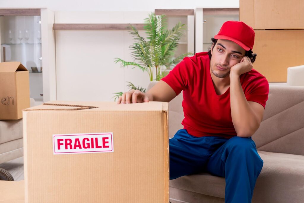 A bored international mover leaning on a box labeled as fragile