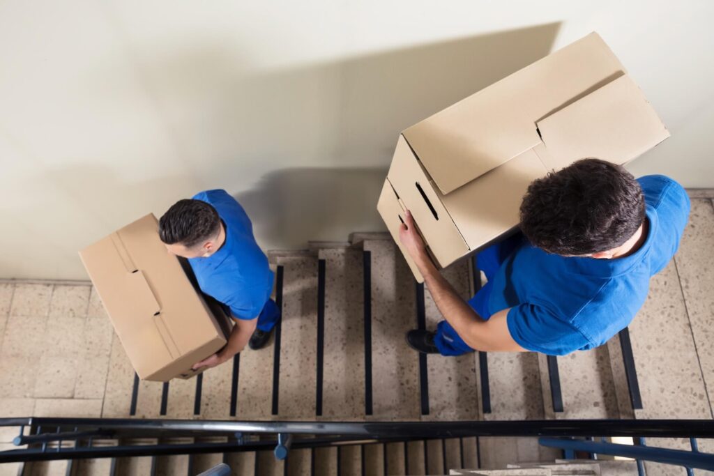 Two international movers carrying boxes down the stairs