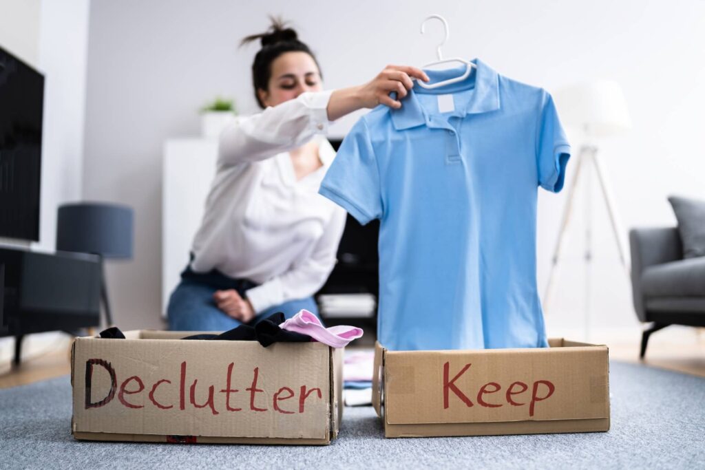 A woman separating clothes into boxes labeled keep and declutter